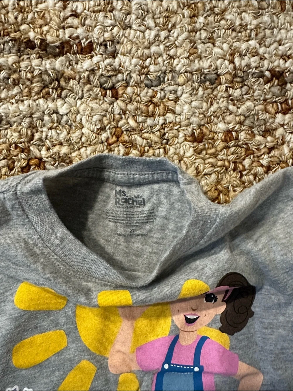 Ms. Rachel Gray Kids Tee with Yellow Sun and Colorful Graphic